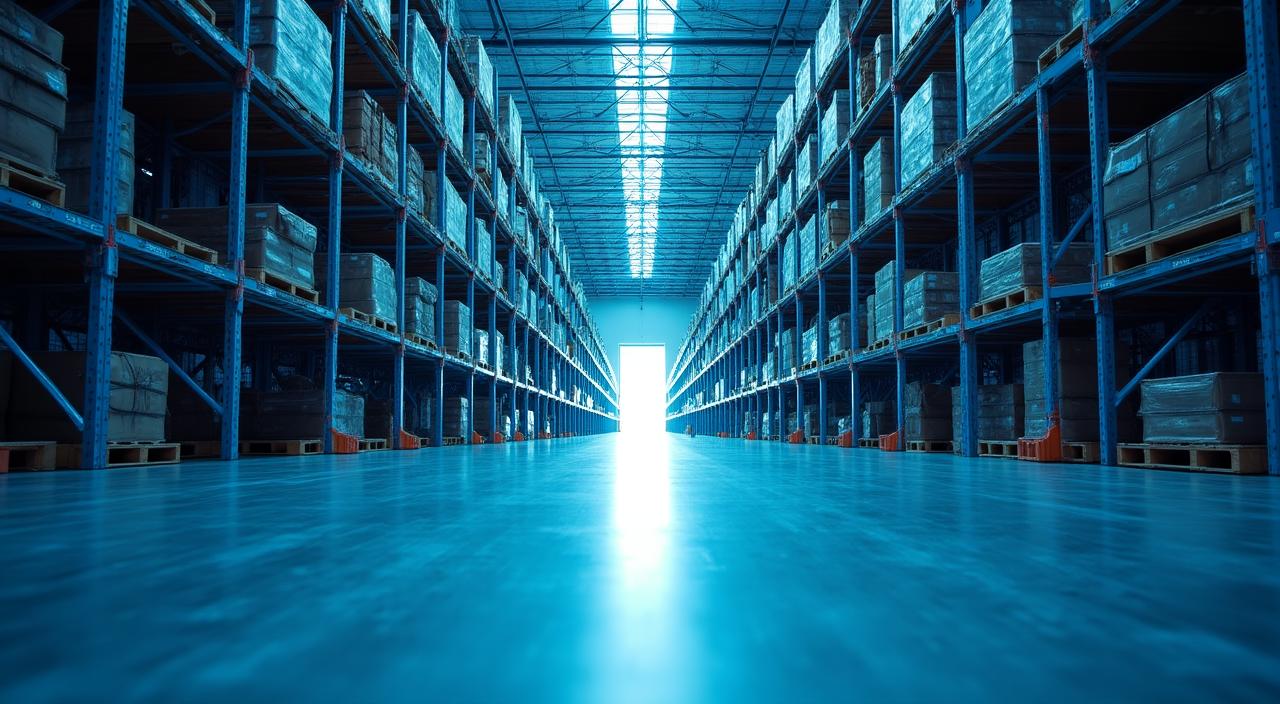 Modern logistics warehouse with automated shelving systems