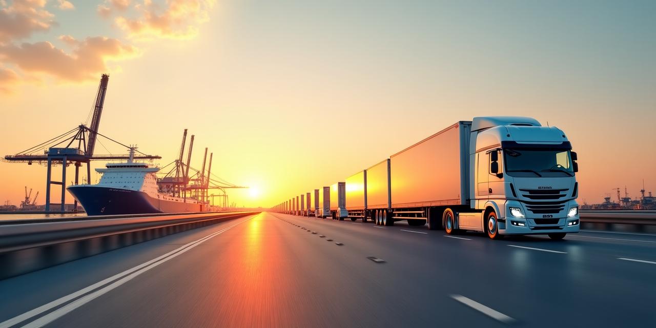 A high-tech logistics hub with trucks and cargo ships